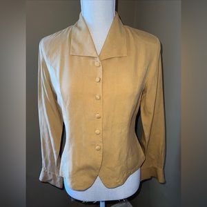 Anna and Frank Top Womens P Petites Button Up Mustard Silk Long Sleeve Pads